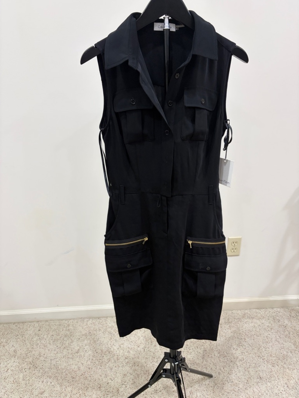 Calvin Klein Black Sleeveless Utility Shirt Dress with Gold Zippers